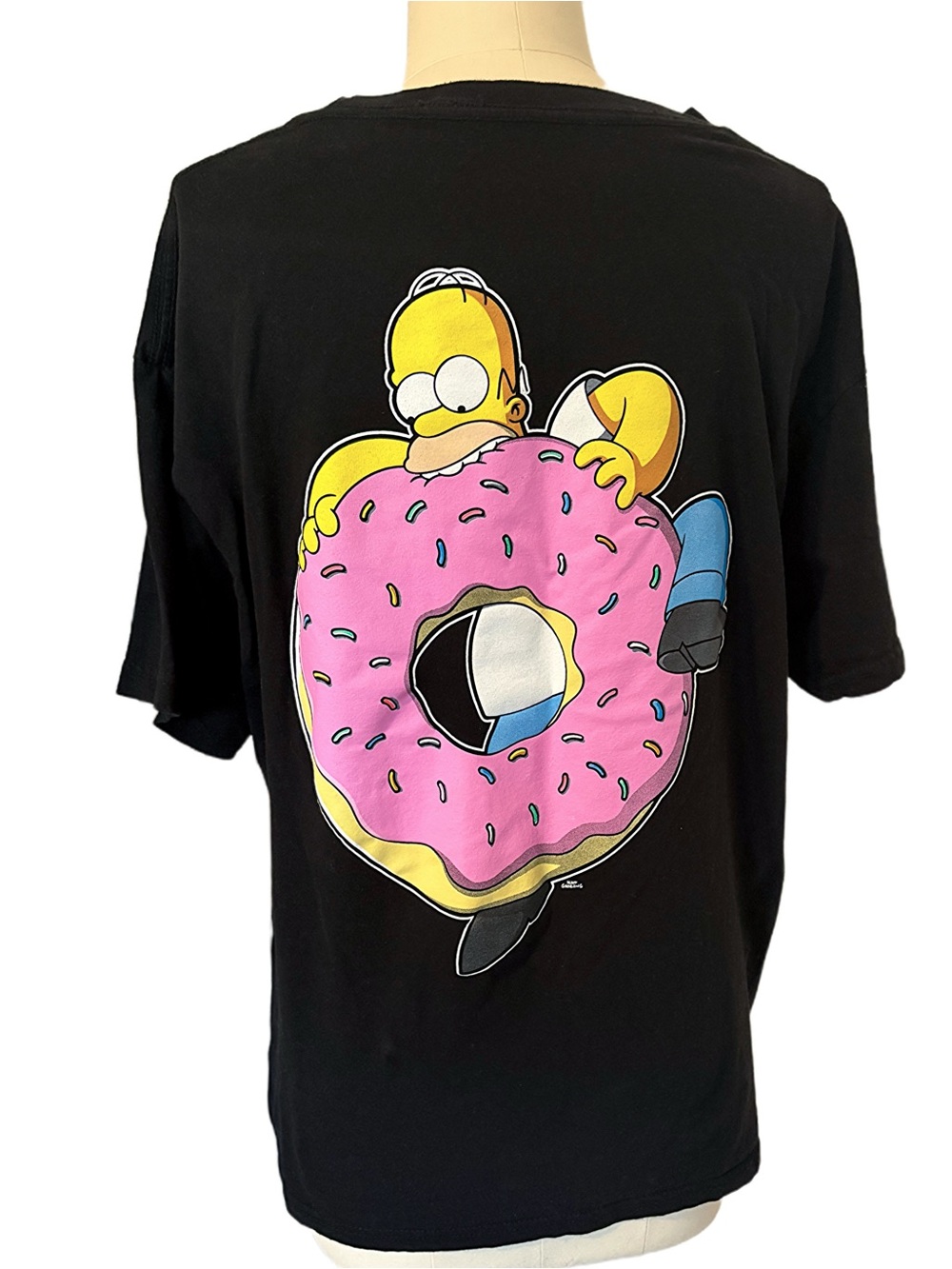 Homer Simpson Double Sided Black Graphic Tee with Pink Donut The Simpsons Large